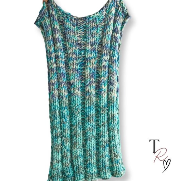 Anthropologie Chunky Knit Wool 50 in x 60 in Oversized Throw Blanket Blue Tones - Picture 1 of 12